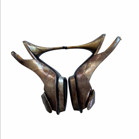 Oscar de la Renta peep toe pumps gold/brown sz 5.5 - Picture 4 of 7